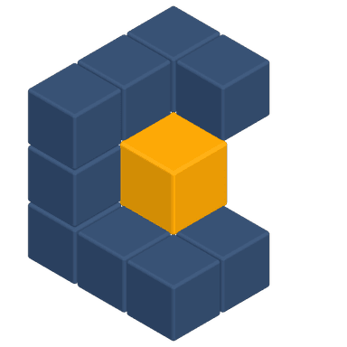 Cellar — isometric C of slate-blue cubes with a single orange cube in the center